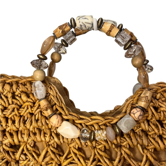 Cappelli Straworld Straw Beaded Handle Bag Boho Woven Raffia Purse Tan - Picture 6 of 11